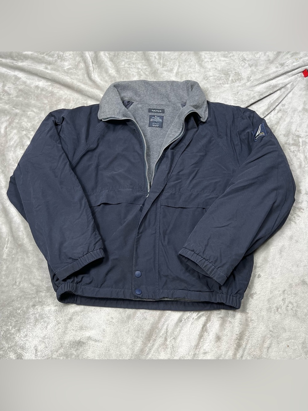 Vintage Nautica Fleece Lined Bomber Jacket Mens L Blue Hooded Nylon Full Zip Y2K